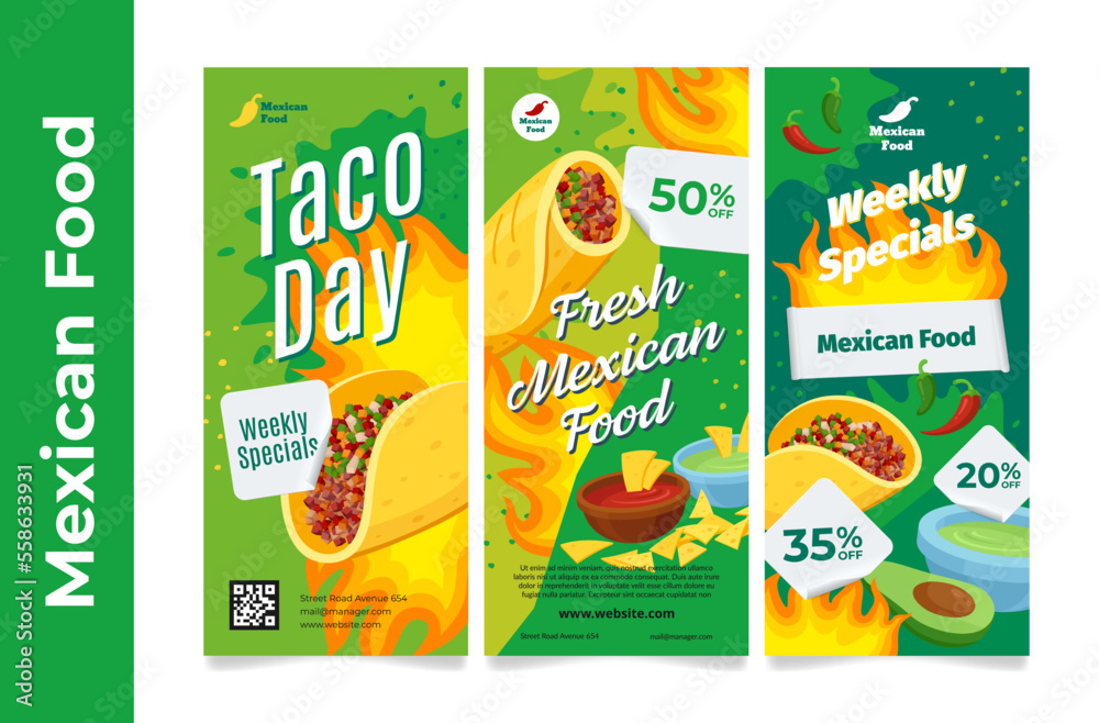 Wall mural Mexican food specials fresh taco sale discount promo poster set vector illustration