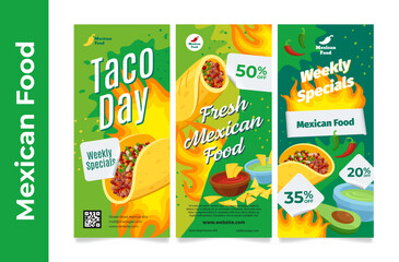 Mexican food specials fresh taco sale discount promo poster set vector illustration