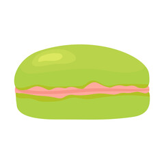 French macaroon dessert. Green macaron with pink filling