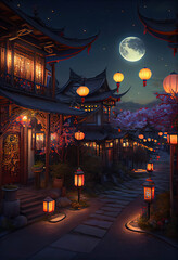 Fototapeta premium Beautiful chinese town with glowing orange lanterns, Chinese Lantern Festival, night scene with the full moon, Generative AI