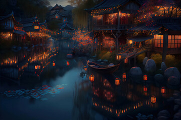 Chinese lake village decorated for the Chinese Lantern Festival, twilight, Generative AI