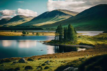 mountains and meadows surround the lake loch tulla in the United Kingdom. Generative AI