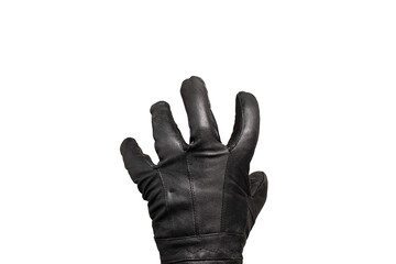 grabbing hand with leather glove isolated transparent background, burglar creepy hand open fist stealing. Black leather glove isolated - obrazy, fototapety, plakaty