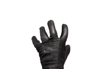 grabbing hand with leather glove isolated transparent background, burglar creepy hand open fist stealing. Black leather glove isolated
