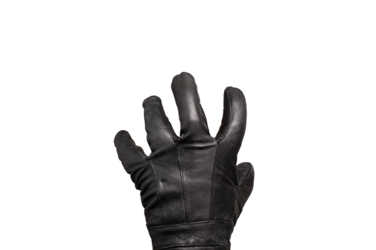 grabbing hand with leather glove isolated transparent background, burglar creepy hand open fist stealing. Black leather glove isolated