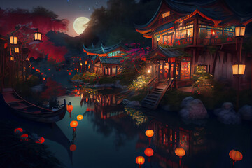Fototapeta na wymiar Beautiful chinese houses on the lake decorated for the Chinese Lantern Festival, night scene, Generative AI