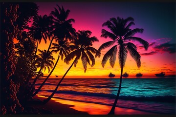 Obraz na płótnie Canvas Tropical islands with palm trees, flowers, and birds. Generative Ai.
