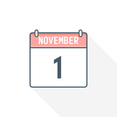 Fototapeta na wymiar 1st November calendar icon. November 1 calendar Date Month icon vector illustrator