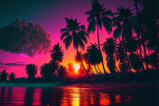 Tropical islands with palm trees, flowers, and birds. Generative Ai.