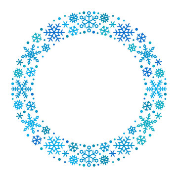 Round frame made of blue snowflakes on white background. Decorative element for Christmas and New Year design. Vector illustration