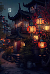 Beautiful traditional chinese house with a decorative roof before the Chinese Lantern Festival, glowing Chinese lanterns, night scene with the moon, Generative AI