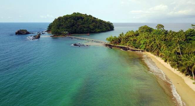 Aerial view of Bom Bom Beach, Principe island, Sao Tome and Principe