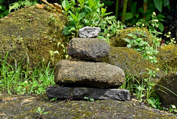 Group of stacked stones on tropical forest in Teresopolis, Rio de Janeiro, Brazil