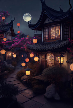 Beautiful traditional chinese houses with decorative rooves before the Chinese Lantern Festival, glowing Chinese lanterns, full moon in the night sky, Generative AI