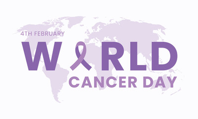 World Cancer Day poster or banner background template design with purple ribbon symbol and world map vector illustration