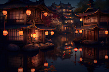 Beautiful chinese village on the lake with glowing lanterns, Chinese Lantern Festival, night scene, reflection in water, Generative AI