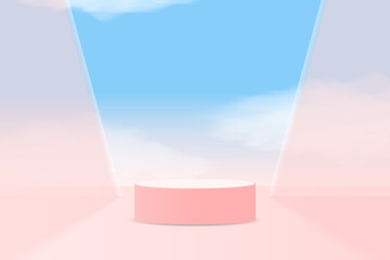 Pink pastel color minimal scene . realistic 3d pink cylinder podium pedestal stand with sky , clouds and light shining through glass shape . Product display Presentation. Stage for showcase.
