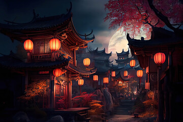 Beautiful chinese town with traditional chinese houses decorated for the Chinese Lantern Festival, glowing Chinese lanterns, night scene with the moon, Generative AI