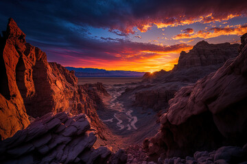 Vertical image of a magnificent sunset over the barren landscape. Generative AI