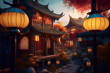Beautiful traditional chinese houses decorated for the Chinese Lantern Festival, Generative AI