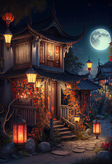 Beautiful chinese house with glowing Chinese lanterns, night scene with the full moon, Generative AI