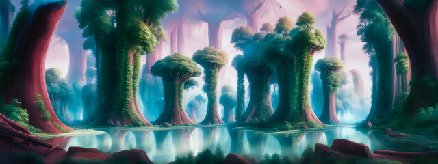 A magical, enchanted forest straight out of a fairy tale. Generative AI