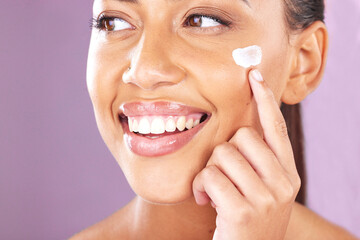 Obraz premium Beauty, skincare and face of woman with cream for luxury healthcare, wellness routine or facial acne prevention. Spa salon cosmetics, dermatology and aesthetic self care model with collagen product