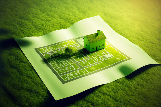 Real estate idea with empty space on a green field accessible for building development and an imaginary city plan with buildings, land parcels, and house silhouette. Generative AI