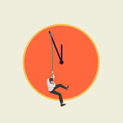 Contemporary art collage. Creative design. Time management illustration. Businessman hanging on...