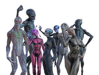 Illustration of a group of eight aliens in assorted poses on a white background.