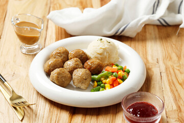 Kotbular Swedish Meatball with Lingonberry and Mushroom Sauce.