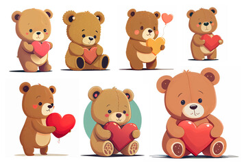 Set of cartoon bear with heart isolated on white background . Cartoons style flat vector illustration