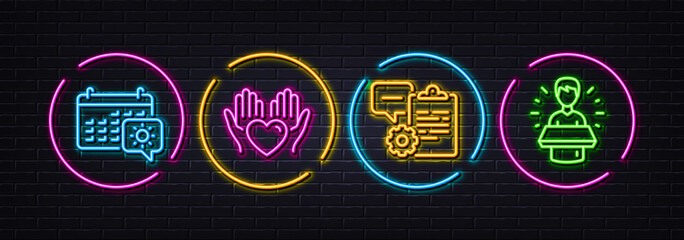 Travel calendar, Clipboard and Hold heart minimal line icons. Neon laser 3d lights. Brand ambassador icons. For web, application, printing. Trip planning, Edit document, Care love. Man speak. Vector