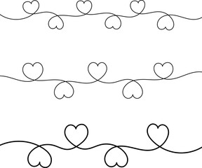 Three lines with different numbers of cute hearts. Line art drawn by hand.