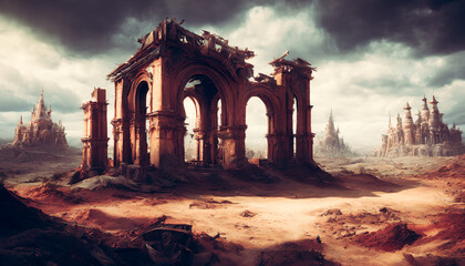 Fototapeta premium Abandoned and ruined temple on the wasteland. Generative AI