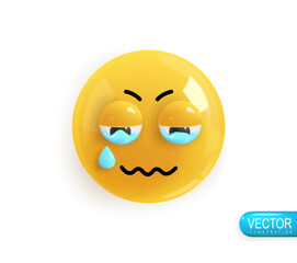 Realistic 3d Icon. Emoji face. Render of yellow glossy color emoji in plastic cartoon style