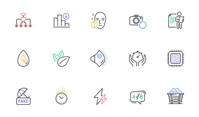 Job interview, Time and Organic product line icons for website, printing. Collection of Decreasing graph, Cpu processor, Restructuring icons. Electricity, Fake news, No alcohol web elements. Vector