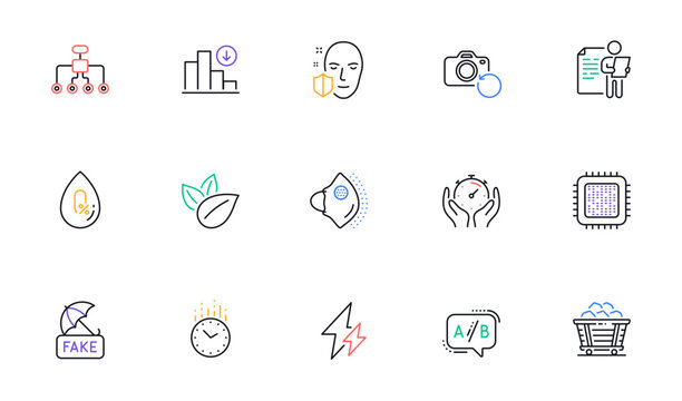 Job interview, Time and Organic product line icons for website, printing. Collection of Decreasing graph, Cpu processor, Restructuring icons. Electricity, Fake news, No alcohol web elements. Vector