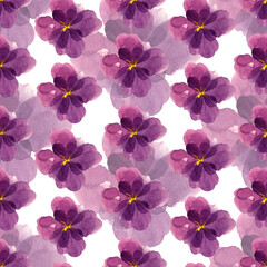 Drawn watercolor violet flowers on a background. Violet flowers watercolor seamless pattern. Spring. Summer. Home textiles. Fabric print. Floral background.