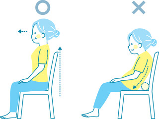 椅子に座るシニア女性の良い姿勢と悪い姿勢の比較