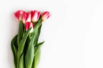 Fototapeta premium Pink tulip flowers bouquet on white background. Flat lay, top view. Selective focus. Shallow depth of field