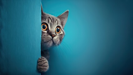 Fototapeta Frightened cat peeks out from behind a corner on a blue background, with copy space, created with Generative AI technology. obraz