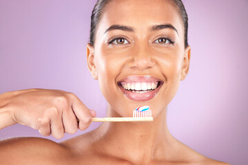 Woman, smile and toothbrush in studio portrait with self care, beauty and toothpaste for hygiene....