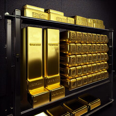 shelves with gold bars. Strategic gold reserve..