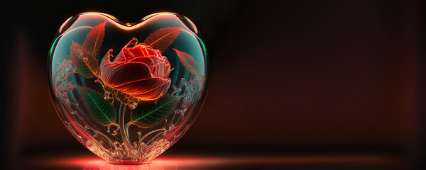 Glass heart with red rose banner. Love is like a flower, You have to treat it with care & respect to let it blossom. Generative AI