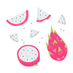 set of pitahaya and pieces of dragon fruit on isolated background