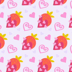 pattern strawberry in chocolate and heart on pink background