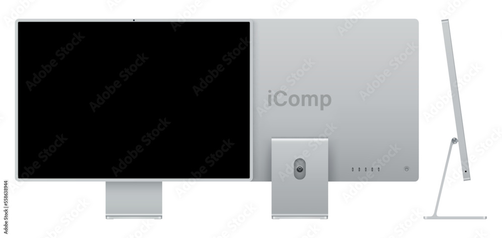 Poster computer display silver color with black screen front, back and side view isolated on white backgrou