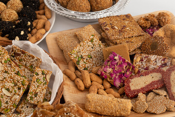Gulab Gajak Mithai, Pista Gazak, Til Patti Or Papdi, Til Laddu Or Ladoo, Revdi And Rewri Made Of Tilgul, Mungfali, Sesame Seed, Jaggery Gud, Badam And Pista For Makar Sankranti Or Lohri Celebration