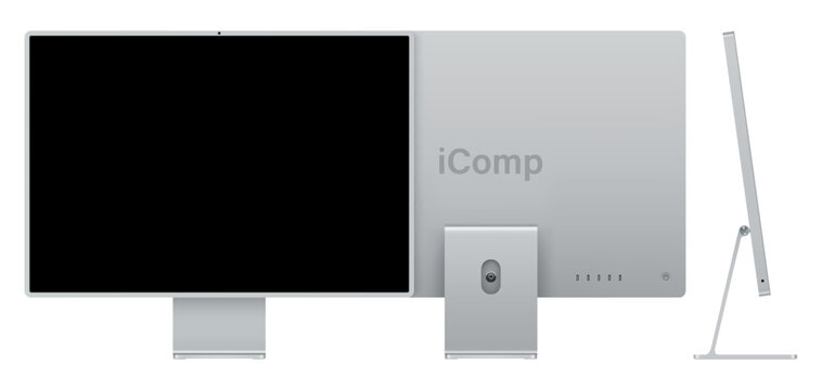 computer display silver color with black screen front, back and side view isolated on white background. realistic and detailed mockup of monitor for system unit. vector illustration